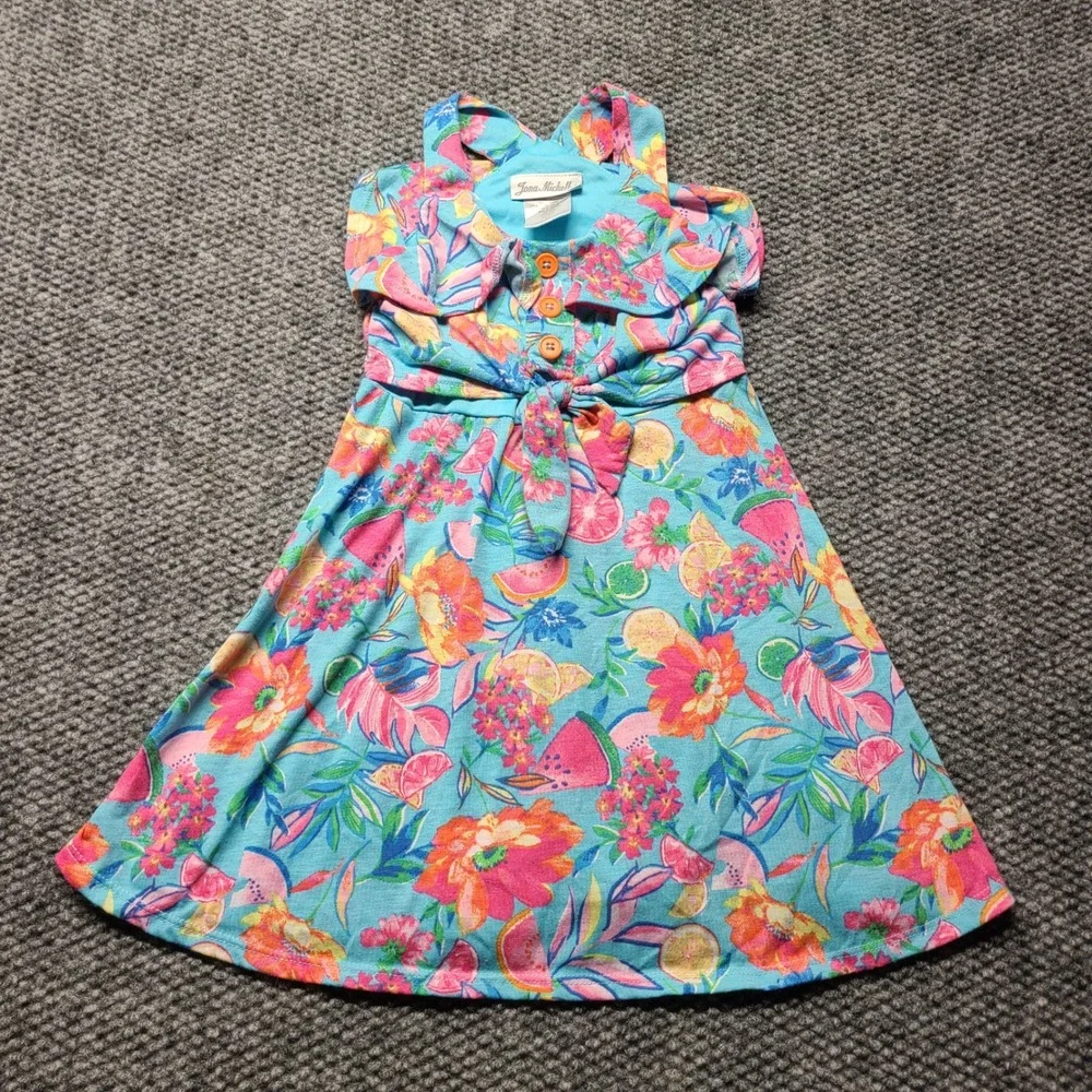Jona Michelle Girls 4T Blue Tropical Fruit Floral Tie Front Summer Dress CO6400